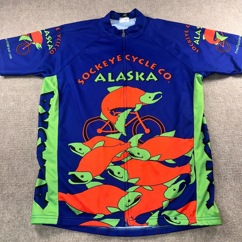Champion System Sockeye Cycle Co Alaska Salmon Cycling Jersey Blue Mens Large